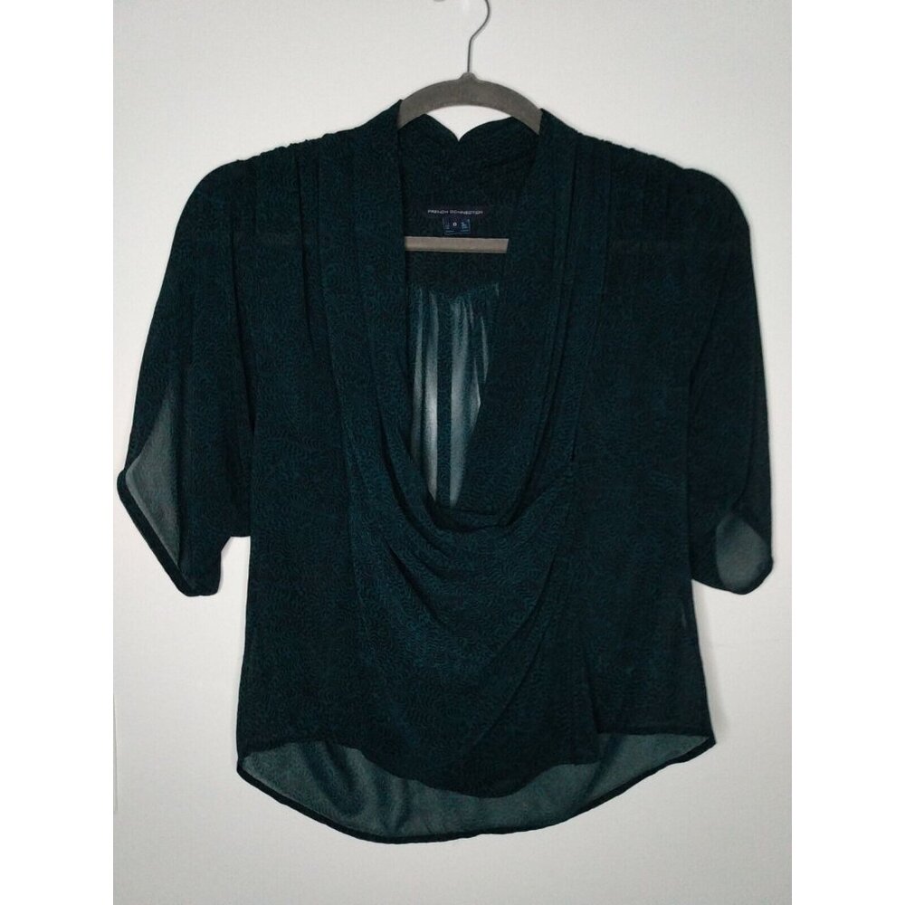 French Connection Sz 0 Blue Silk Blouse Semi Sheer 1/2 Sleeve Hand Beaded Rope